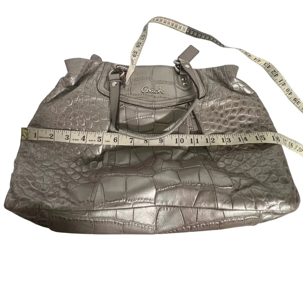 Coach Ashley Carryall Women Large Silver Metallic Croc Embossed Leather Tote Bag
